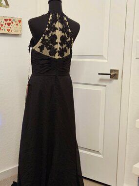 JJs House Black Formal Sheer Evening Gown with Floral Lace Straps, size 12